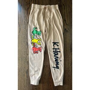 KEITH HARING ARTIST SIGNATURE DANCING PEOPLE BEIGE SWEATPANTS SIZE Small